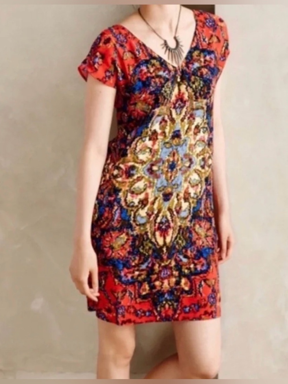 Anthropologie Multicolor Floral Mosaic V-Neck Top — Red, Blue, Green